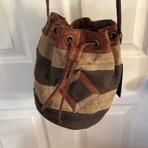 Mona B Brown and Tan Striped Suede Drawstring Messenger Bag